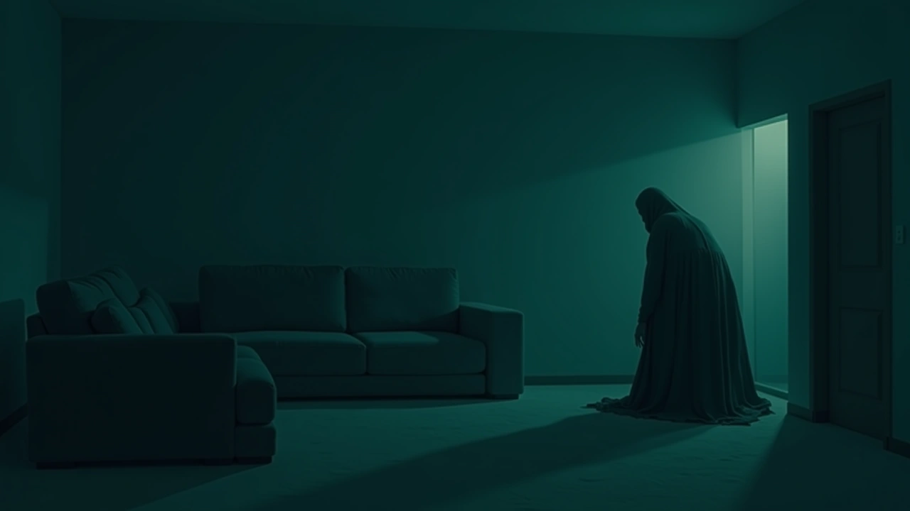 Illustration: a dark shape lurking in the corner of a dim living room at night.