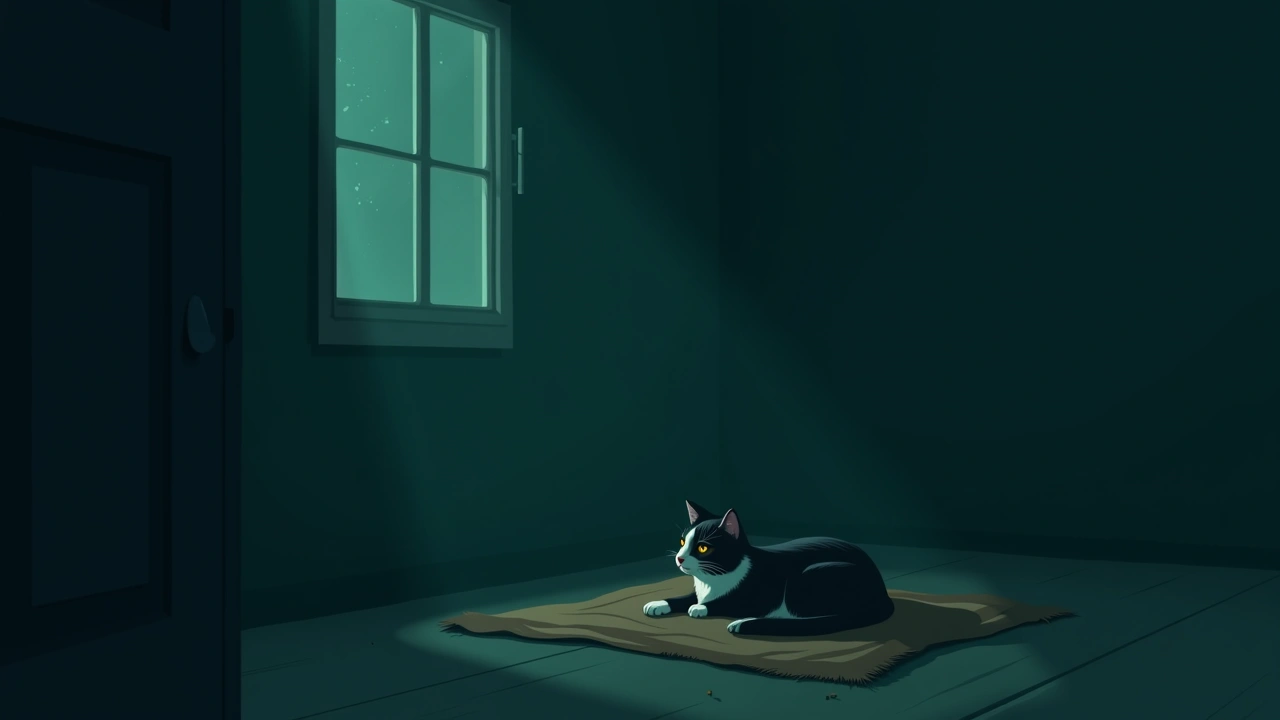 Illustration: A blind cat resting calmly on a blanket in a quiet room.