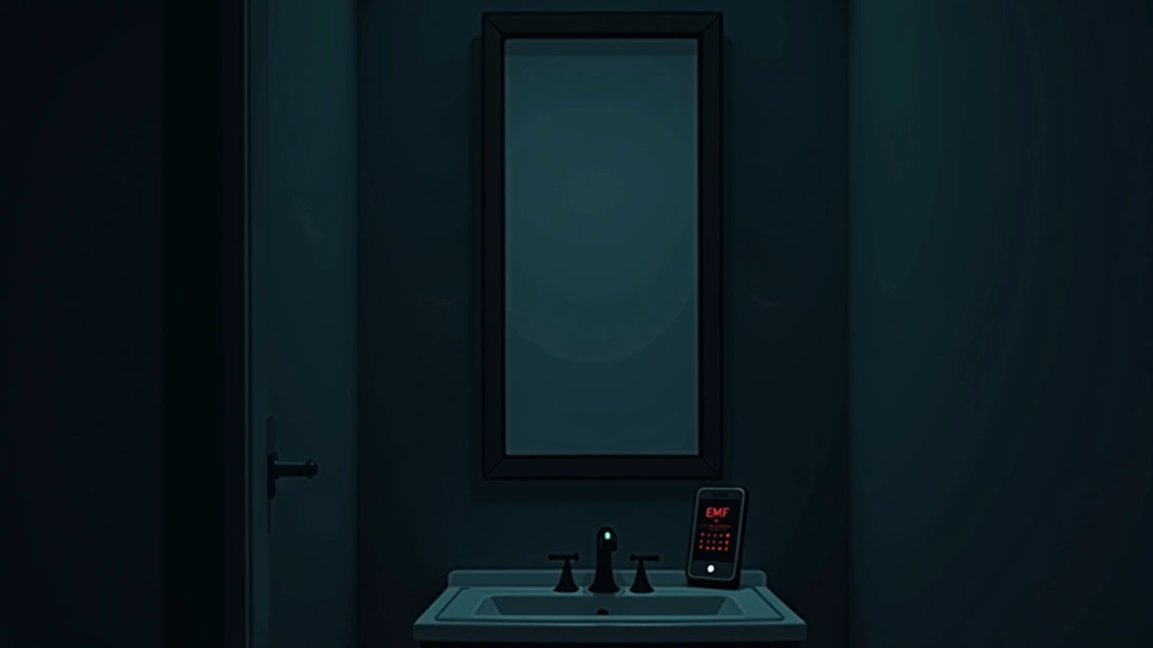 Illustration: a dark bathroom mirror reflecting a dim room, an EMF graph spiking on a nearby phone screen.