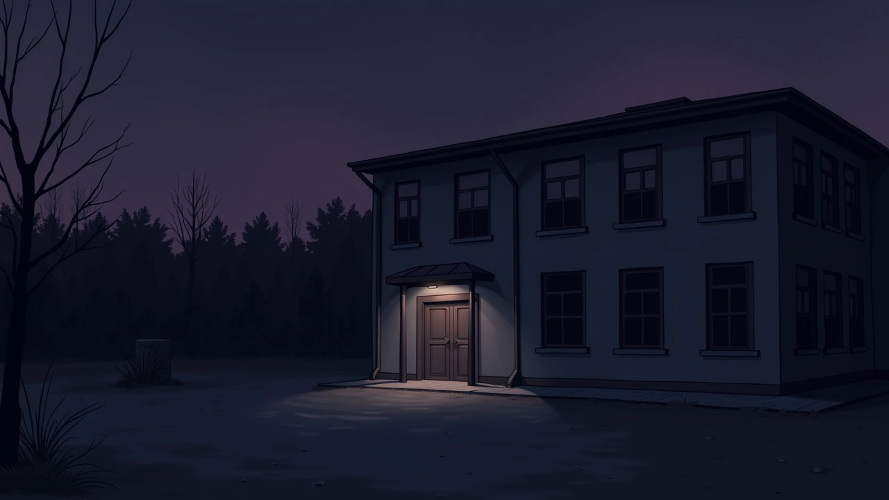 Illustration: the back of a school building at night, a dark boiler-room window at ground level.