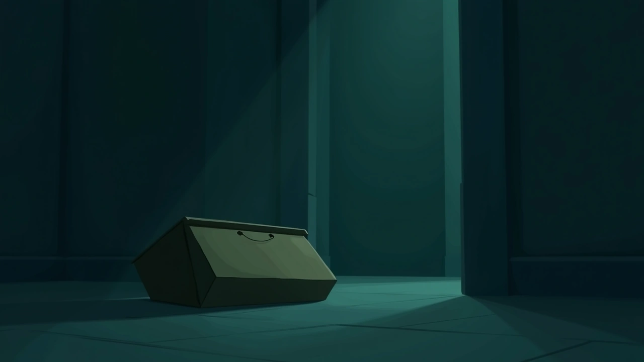 Illustration: a fallen cardboard box on the floor of a dim room.