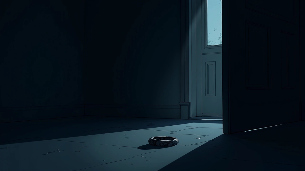 Illustration: an old marble bracelet lying on the floor near a front door, morning light through a window.