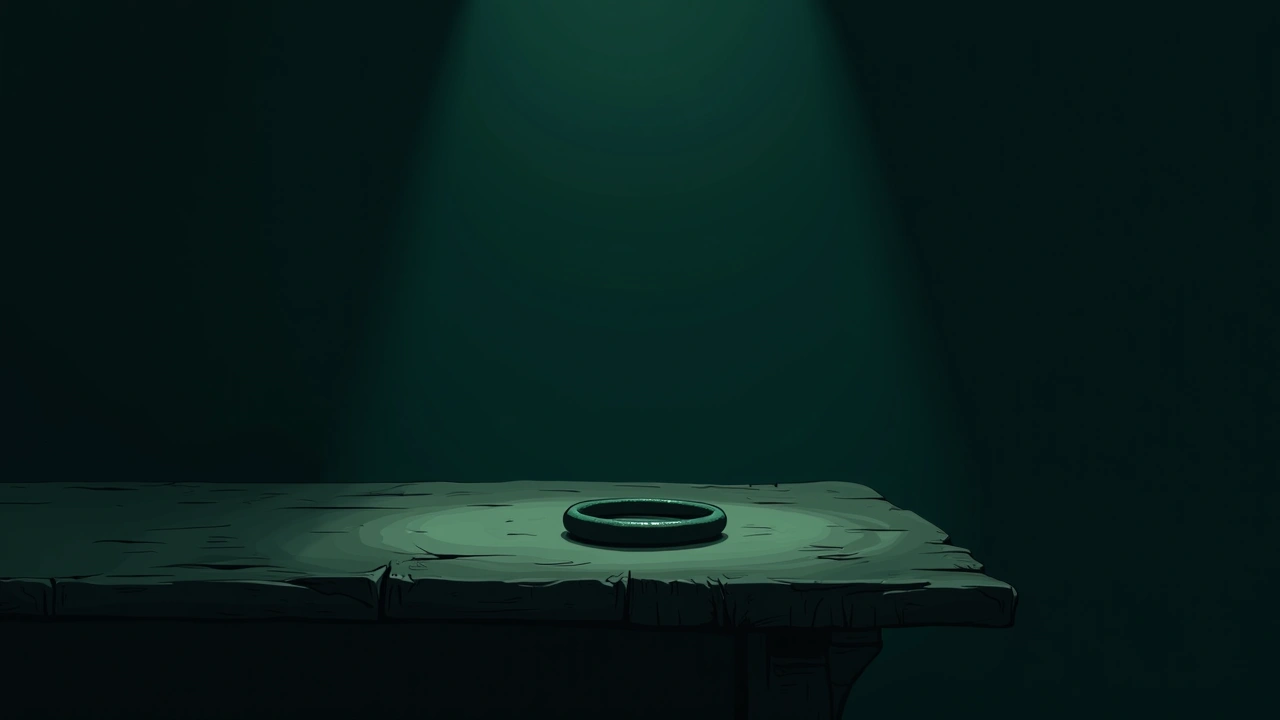 Illustration: a bracelet lying on a wooden table in a dim room.