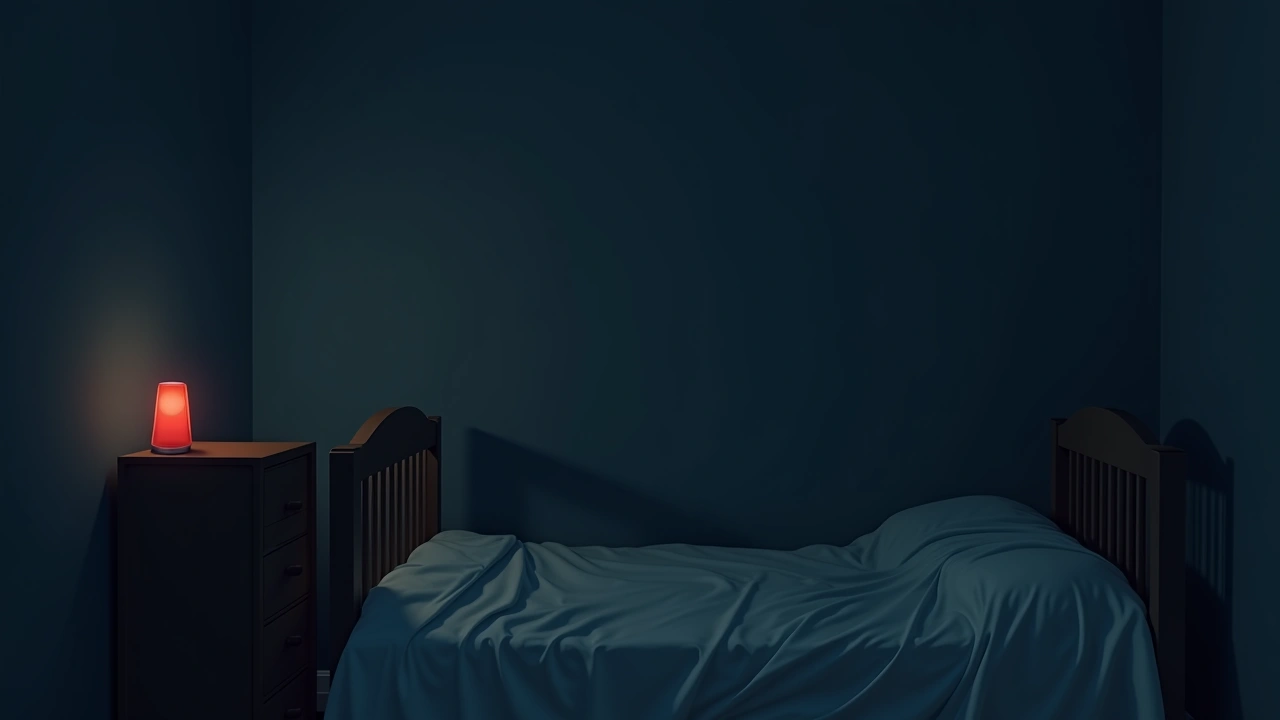 Illustration: a darkened nursery moments after the power goes out, a small red light glowing on a nightstand device.