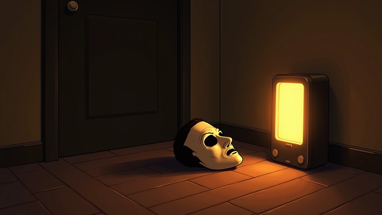 Illustration: A broken costume mask beside a glowing ghost-detector screen in a dim room.