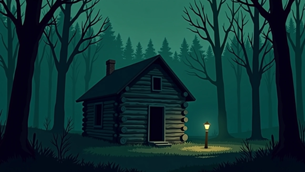 Illustration: an old log cabin from the 1800s standing quiet in the woods at dusk.