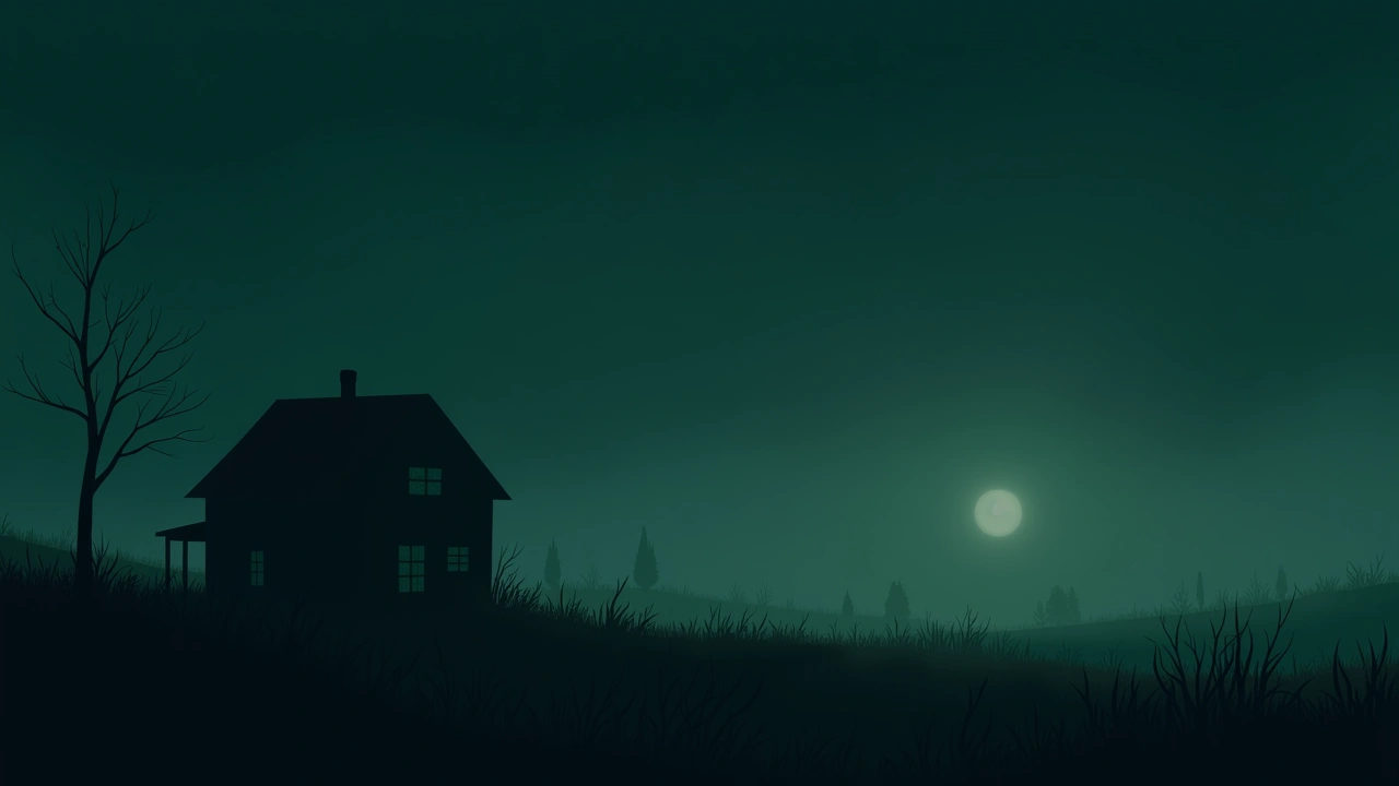 Illustration: an old house at night at the edge of an open battlefield, low mist over the grass.