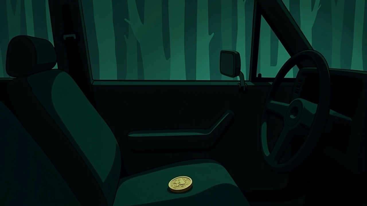 Illustration: A dim car interior at night with an ancient coin resting on the seat.