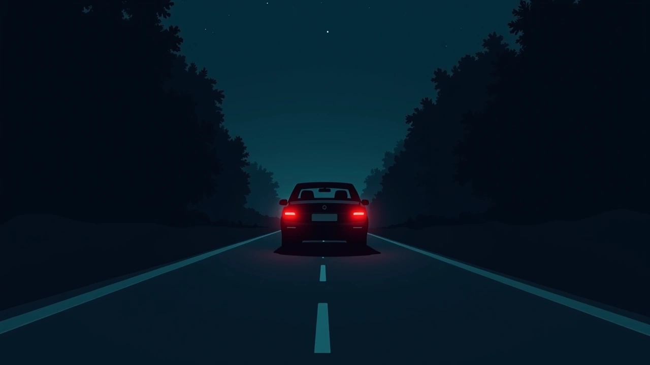 Illustration: A car stopped alone on a dark road at night, red brake lights glowing ahead.