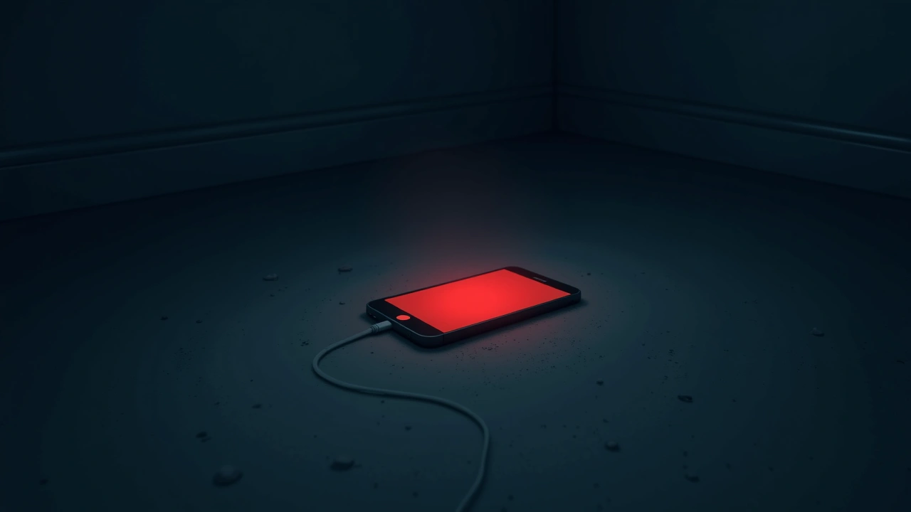 Illustration: a red-lit smartphone screen above a carpeted floor in a dim room.
