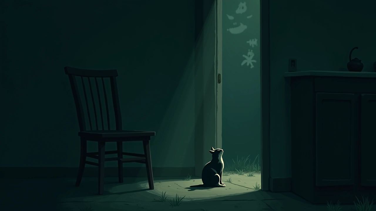 Illustration: a cat staring up at a dark corner of a dimly lit kitchen at night, an empty wooden chair nearby.