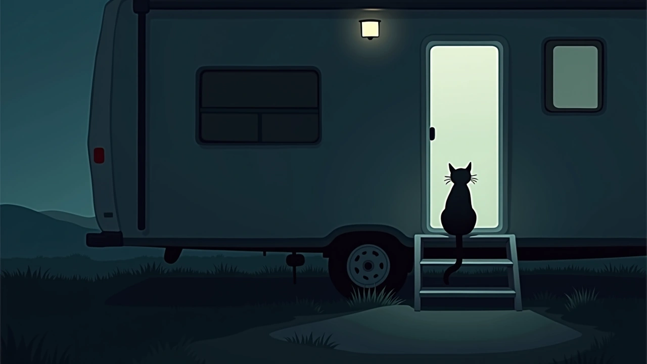 Illustration: a cat sitting on the metal steps outside an RV door at night.