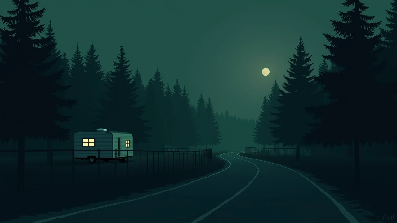 Illustration: a small trailer at the edge of a lot, a cemetery fence across the road at dusk.