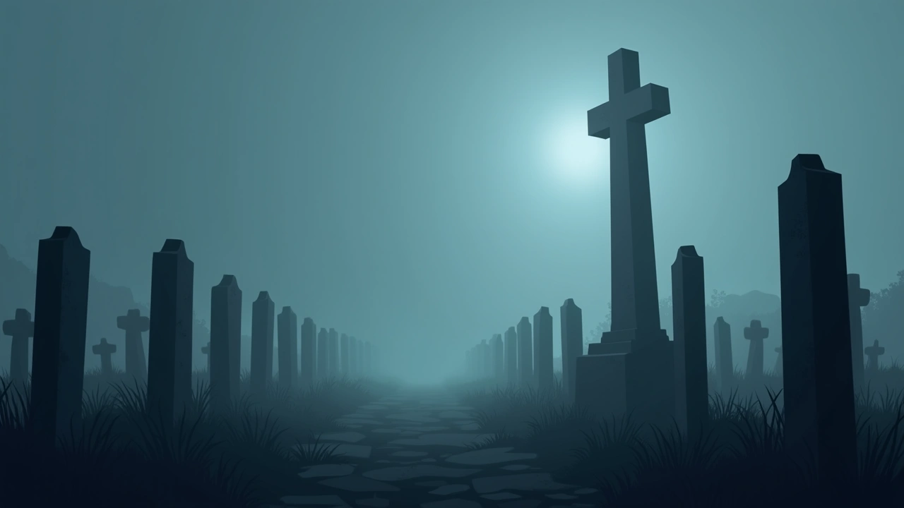 Illustration: a foggy cemetery with tall stone columns at night.