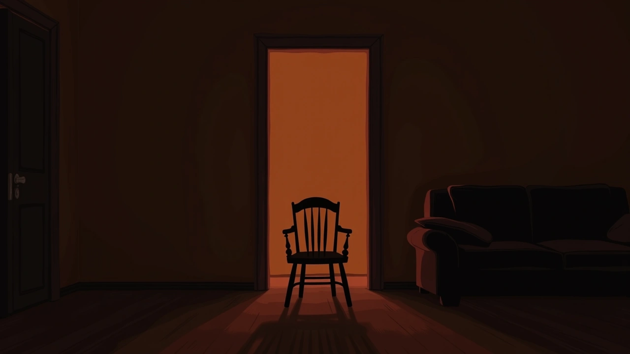 Illustration: a single wooden chair alone in a dim living room.