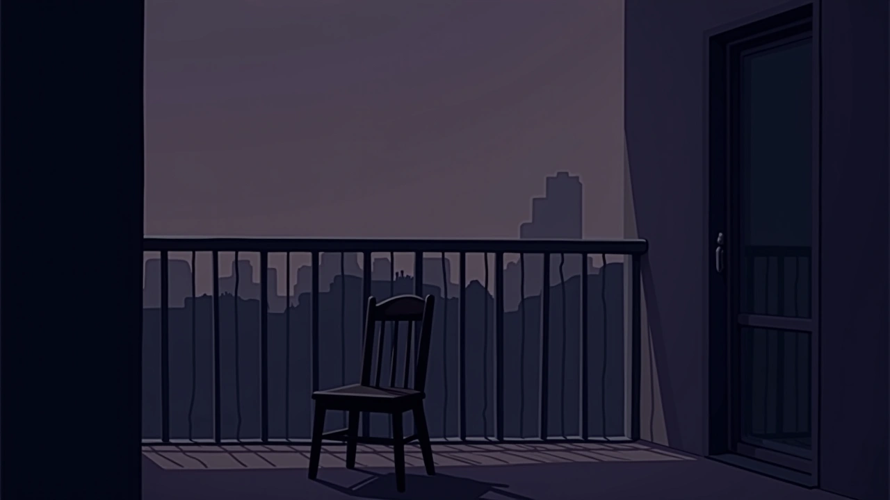 Illustration: A single chair on an apartment balcony at dusk.