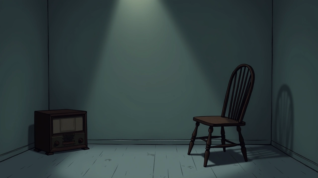 Illustration: an antique wooden chair beside an old 1920s radio in a dim room.