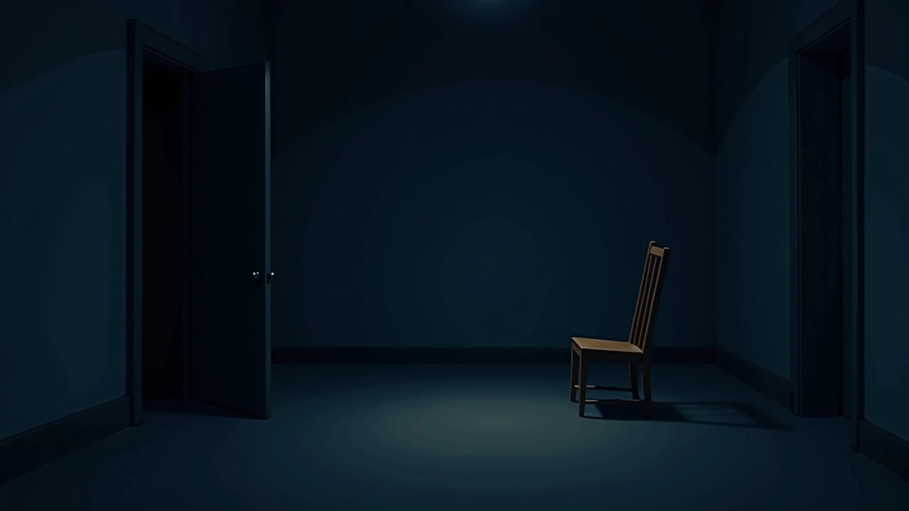 Illustration: an empty room at night with a wooden chair pushed askew and a closet door standing ajar.