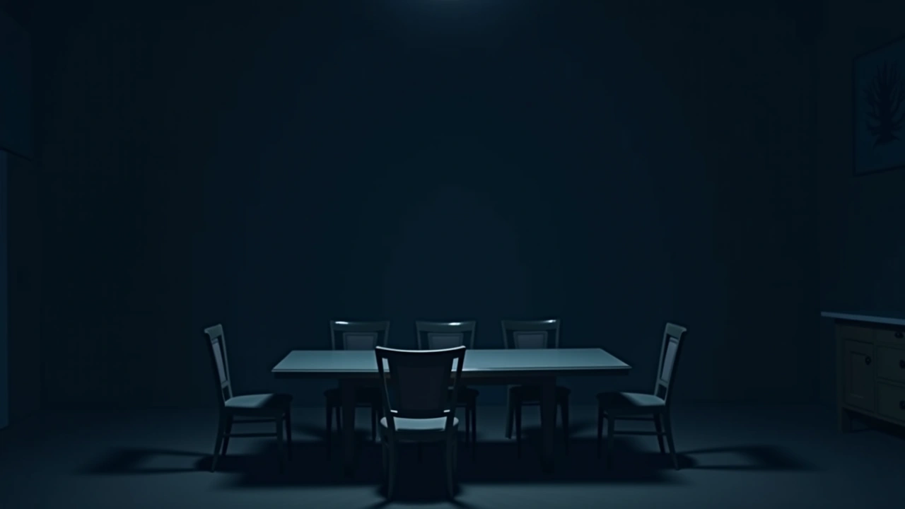 Illustration: a dining room at night with chairs mysteriously pulled out from the table.
