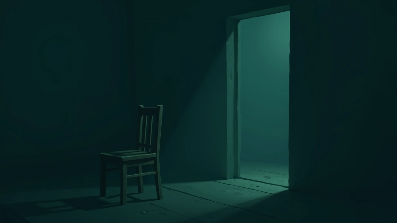 Illustration: a wooden chair standing in the corner of a dim room beside a doorway.