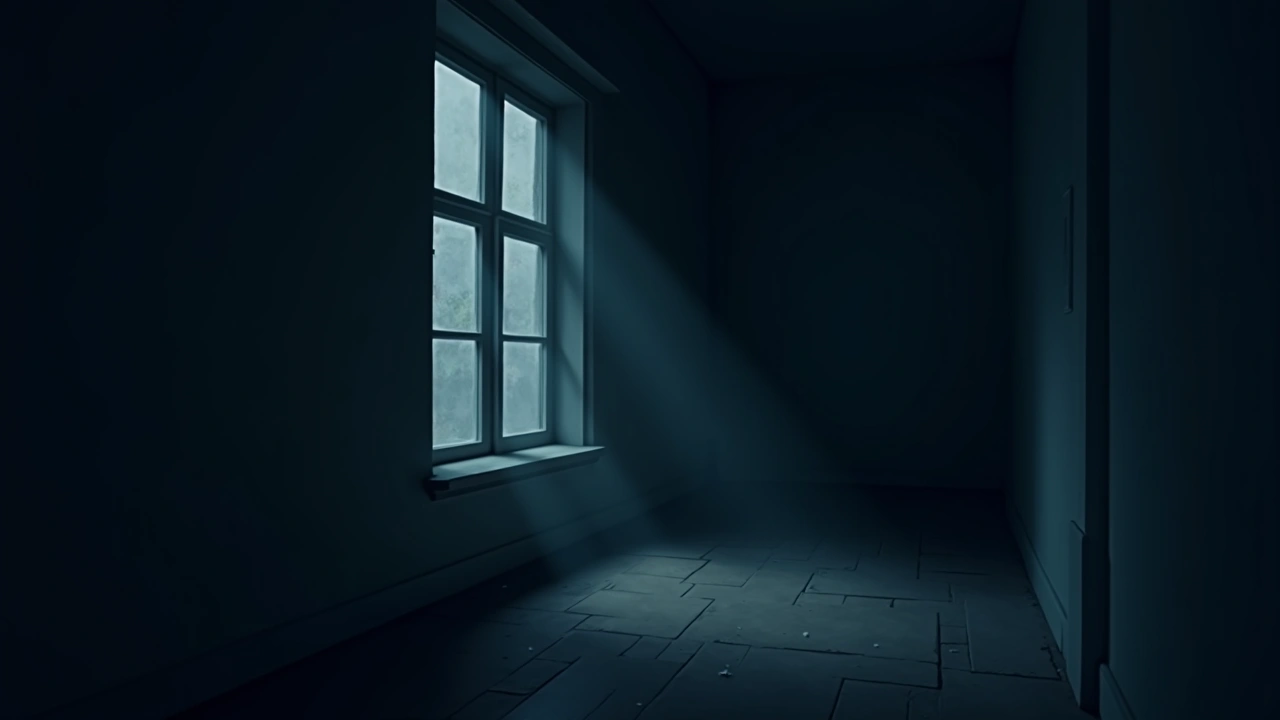 Illustration: an old empty room with dusty light through a tall window, evoking a lingering presence.