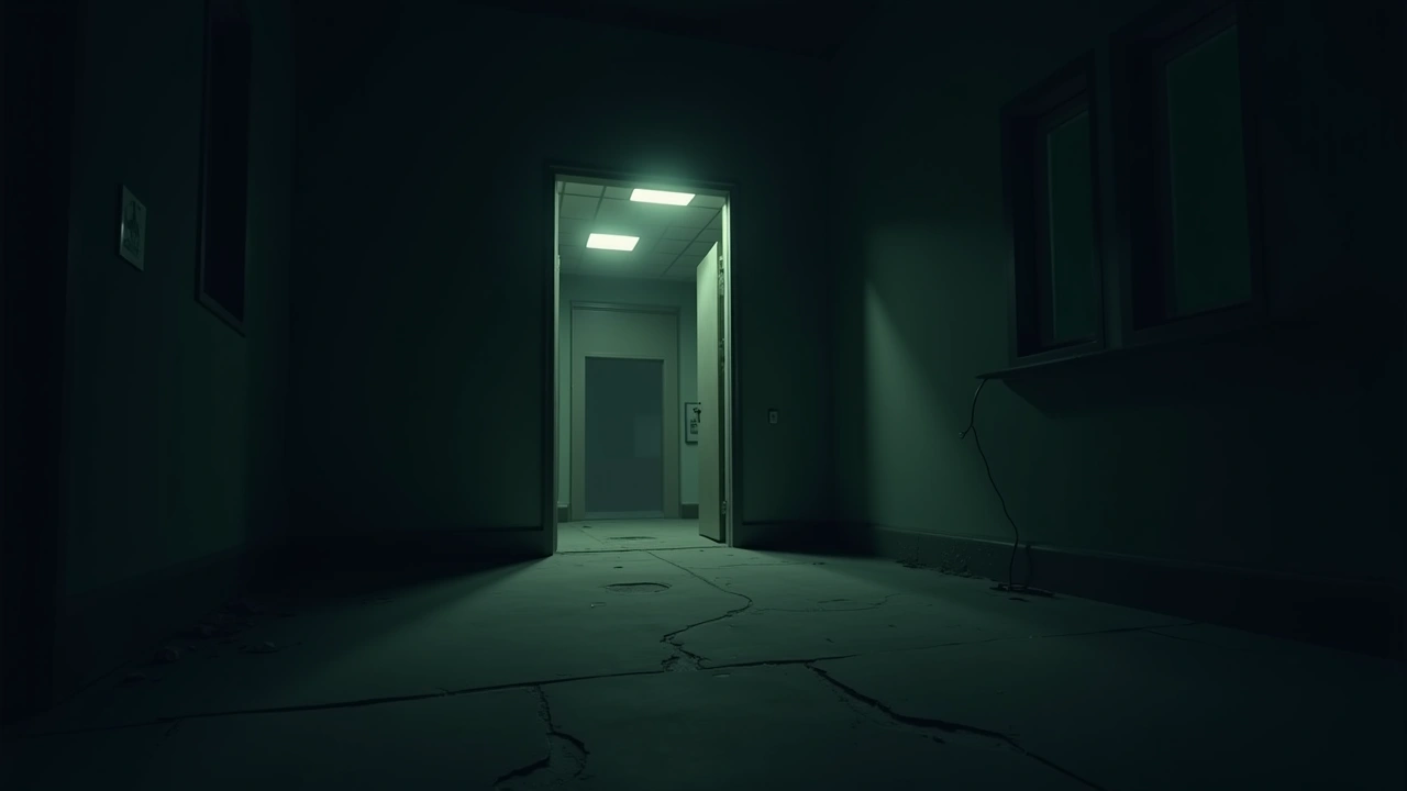 Illustration: a dim, abandoned basement room in a derelict military building.