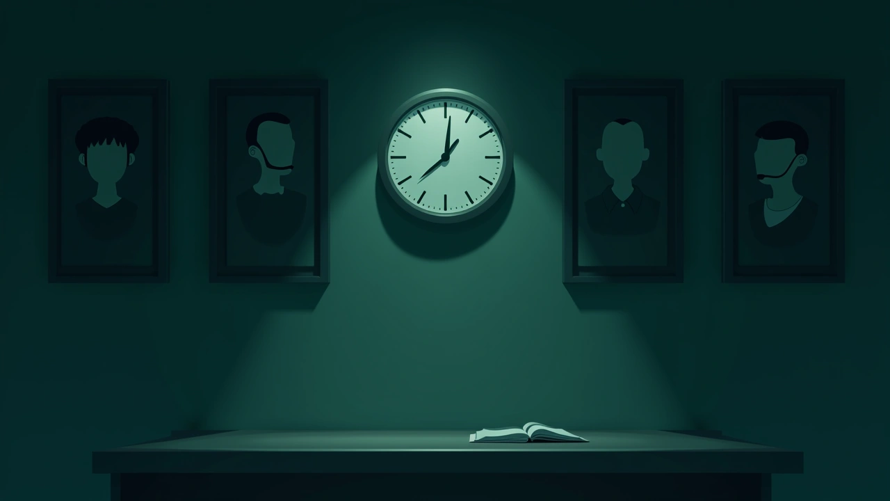 Illustration: an office wall clock surrounded by rows of framed photographs.