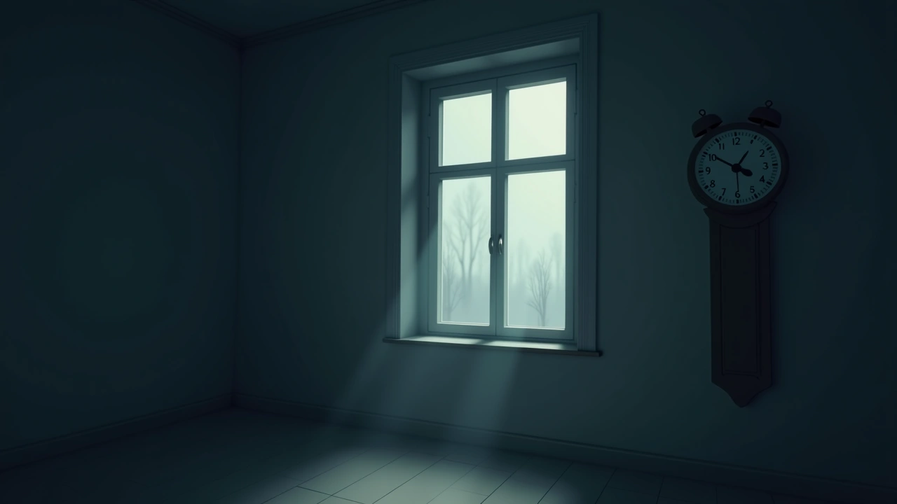 Illustration: A window in an empty room, a clock hanging beside it.