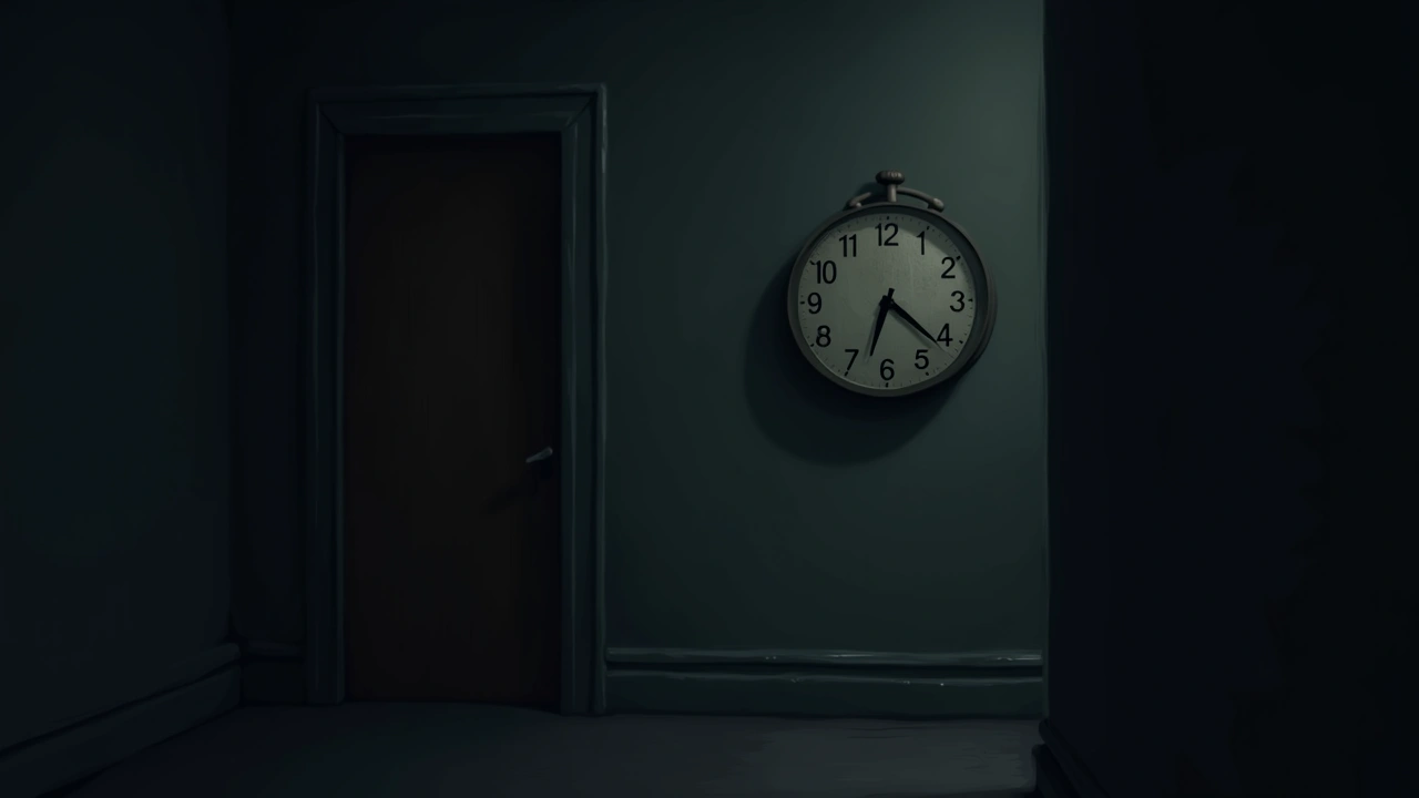 Illustration: An old analog clock on a wall in a dim, empty hallway at night.