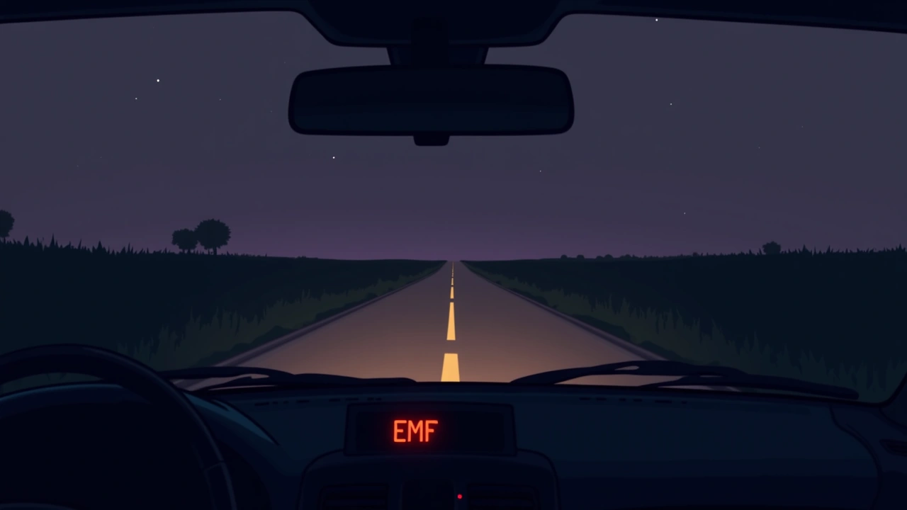 Illustration: a dark rural road lit by car headlights, an EMF meter glowing on the dashboard.