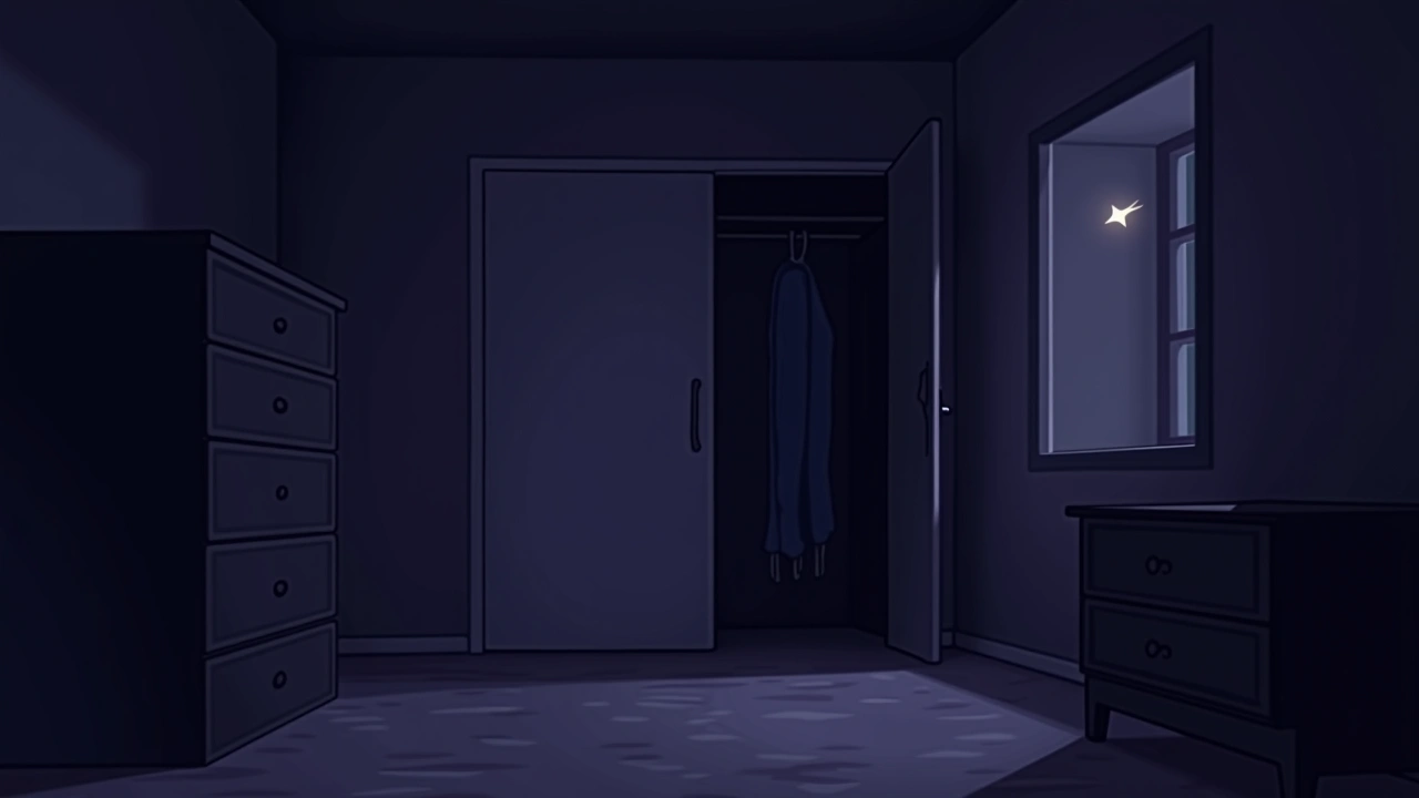 Illustration: a flickering closet light in a dim bedroom at night.