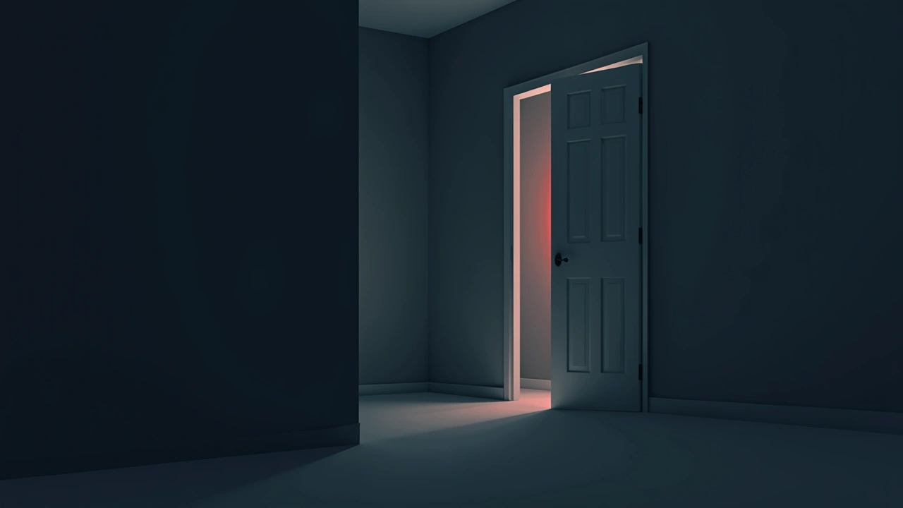 Illustration: a closet door glowing faint red in a dark apartment bedroom.