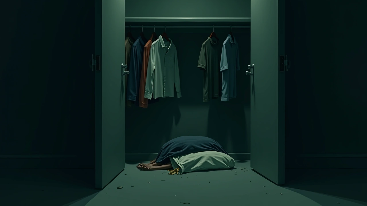 Illustration: a closet with a rack of clothes collapsed onto the floor.