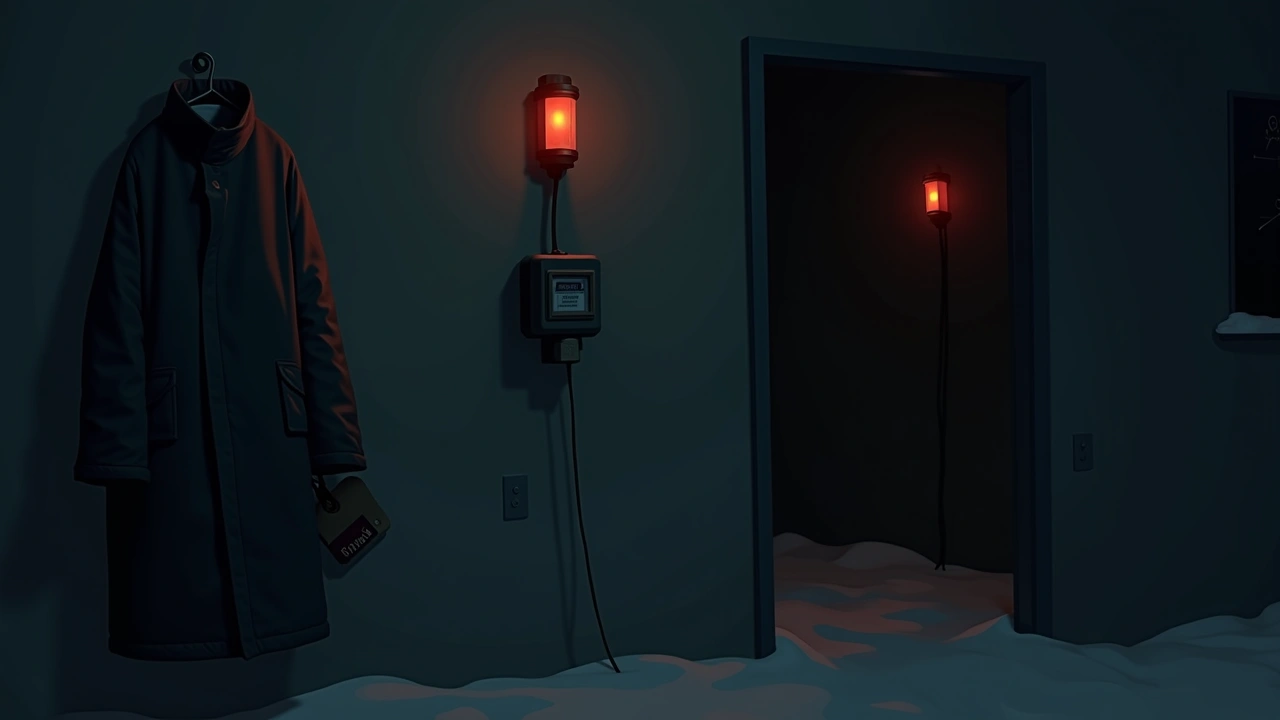 Illustration: a winter coat hanging with its brand tag visible, a red-glowing meter nearby.