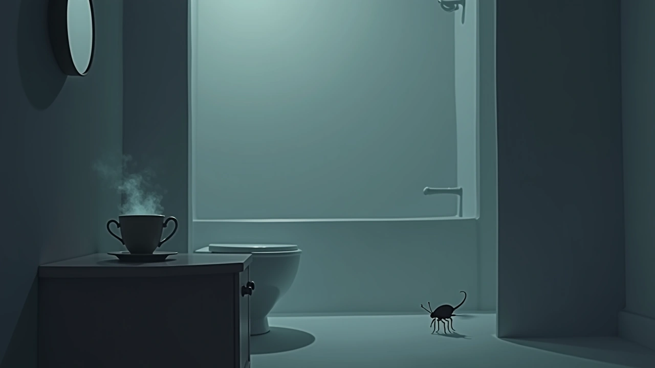 Illustration: a steaming cup of tea on a table in a dim bathroom, a small cockroach silhouette nearby.