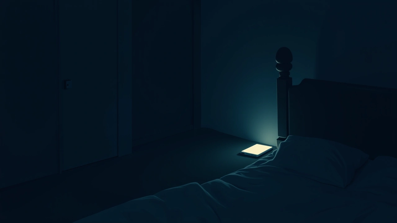 Illustration: A dark bedroom corner at night, lit only by the glow of a phone screen.