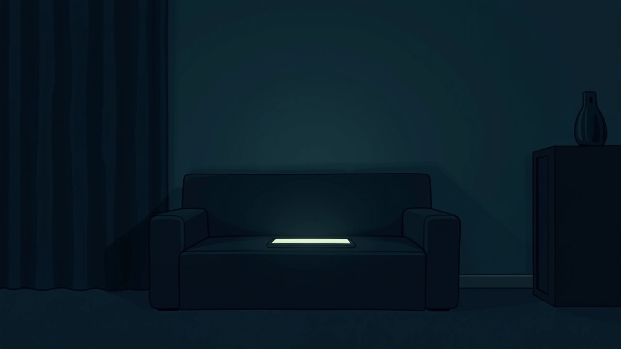 Illustration: A phone glowing softly on a couch cushion in a dim, quiet living room.