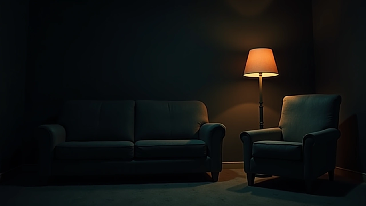 Illustration: An empty armchair beside a couch in a dim living room, lit by a single lamp at night.