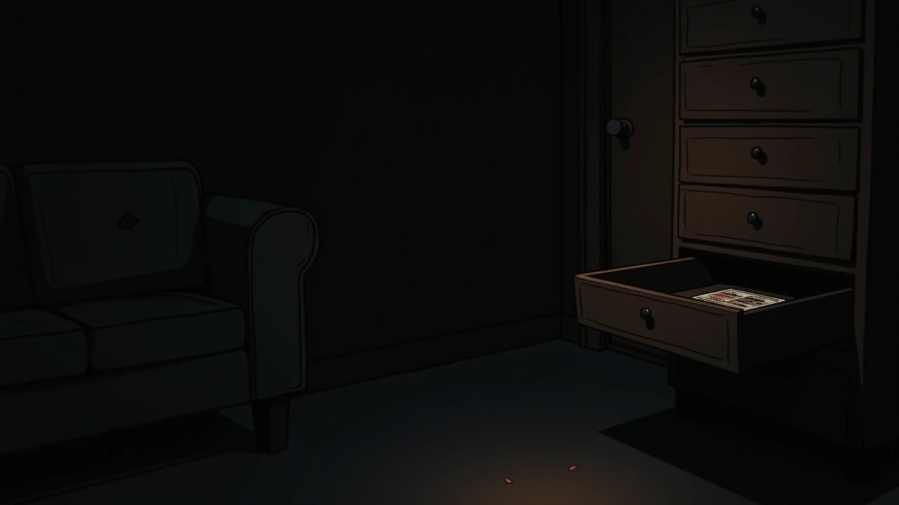 Illustration: A wooden dresser with a hidden drawer slightly open, a coupon resting inside, in a quiet living room.