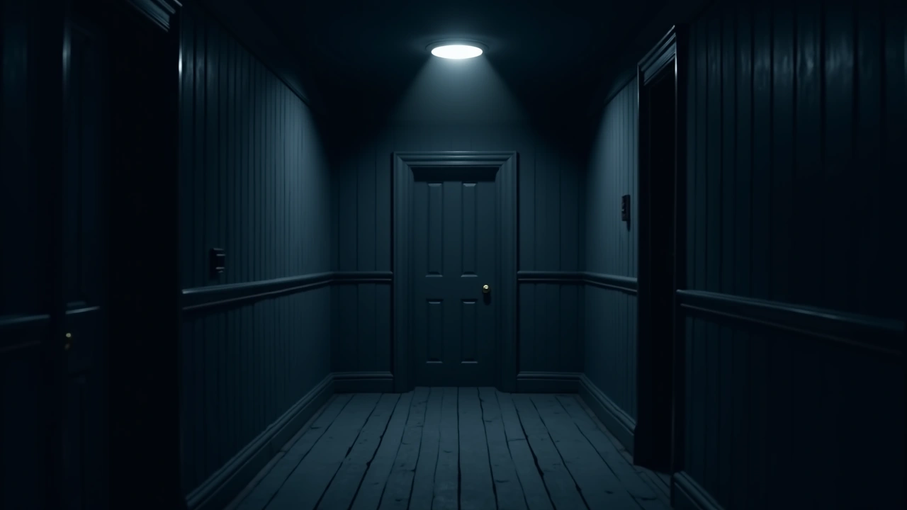 Illustration: The empty wood-paneled hallway of an old courthouse lit by a single overhead light.