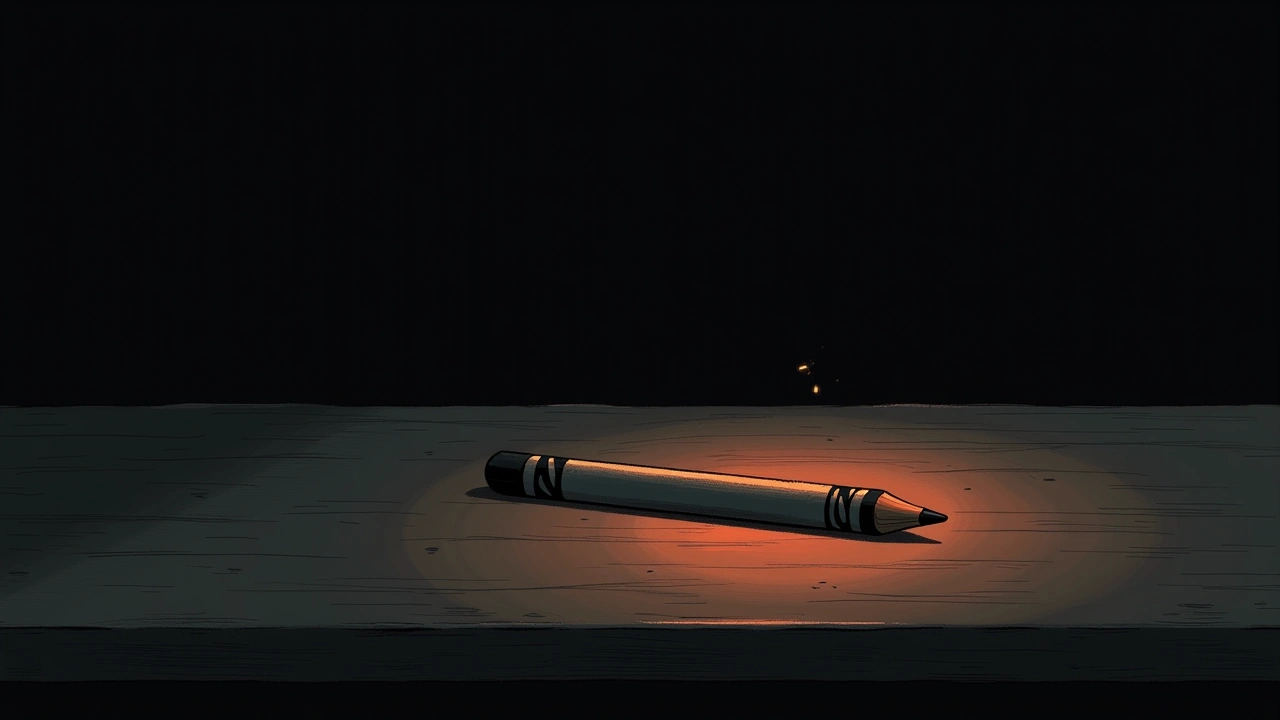 Illustration: a crayon and a pencil on a wooden table, caught mid-motion.