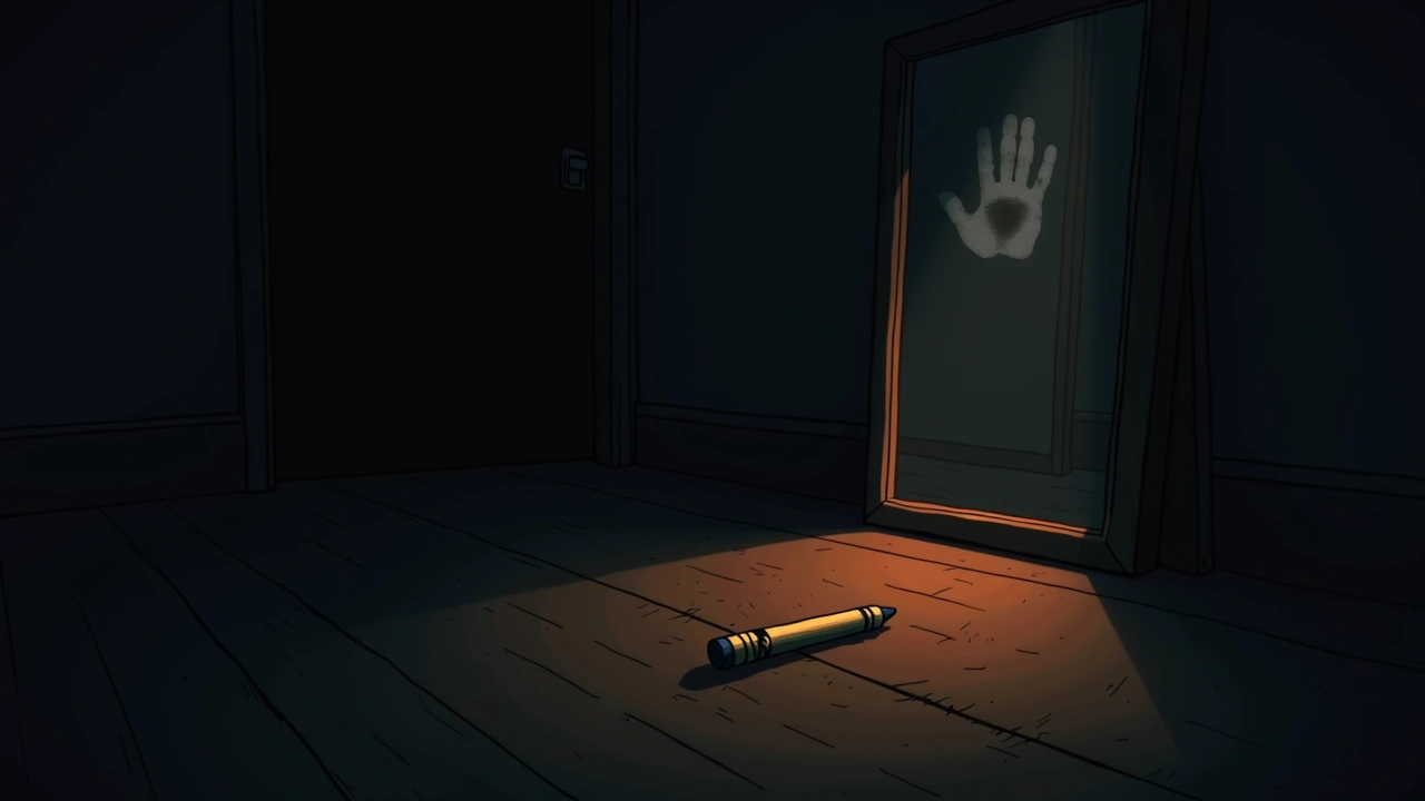 Illustration: A child's crayon lying on a wooden floor in a dim room, a faint handprint visible on a nearby mirror.