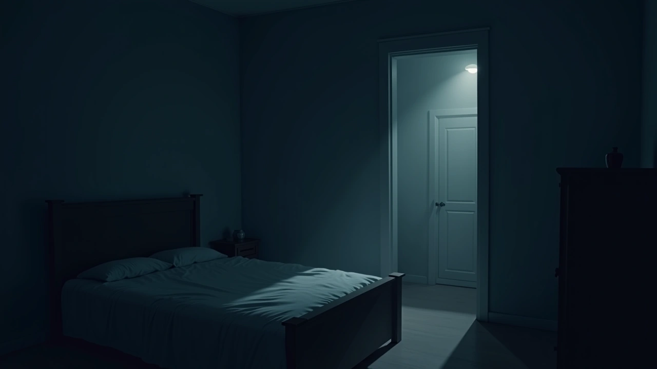 Illustration: a dim bedroom in an old house at night, evoking the quiet sound of someone crying nearby.