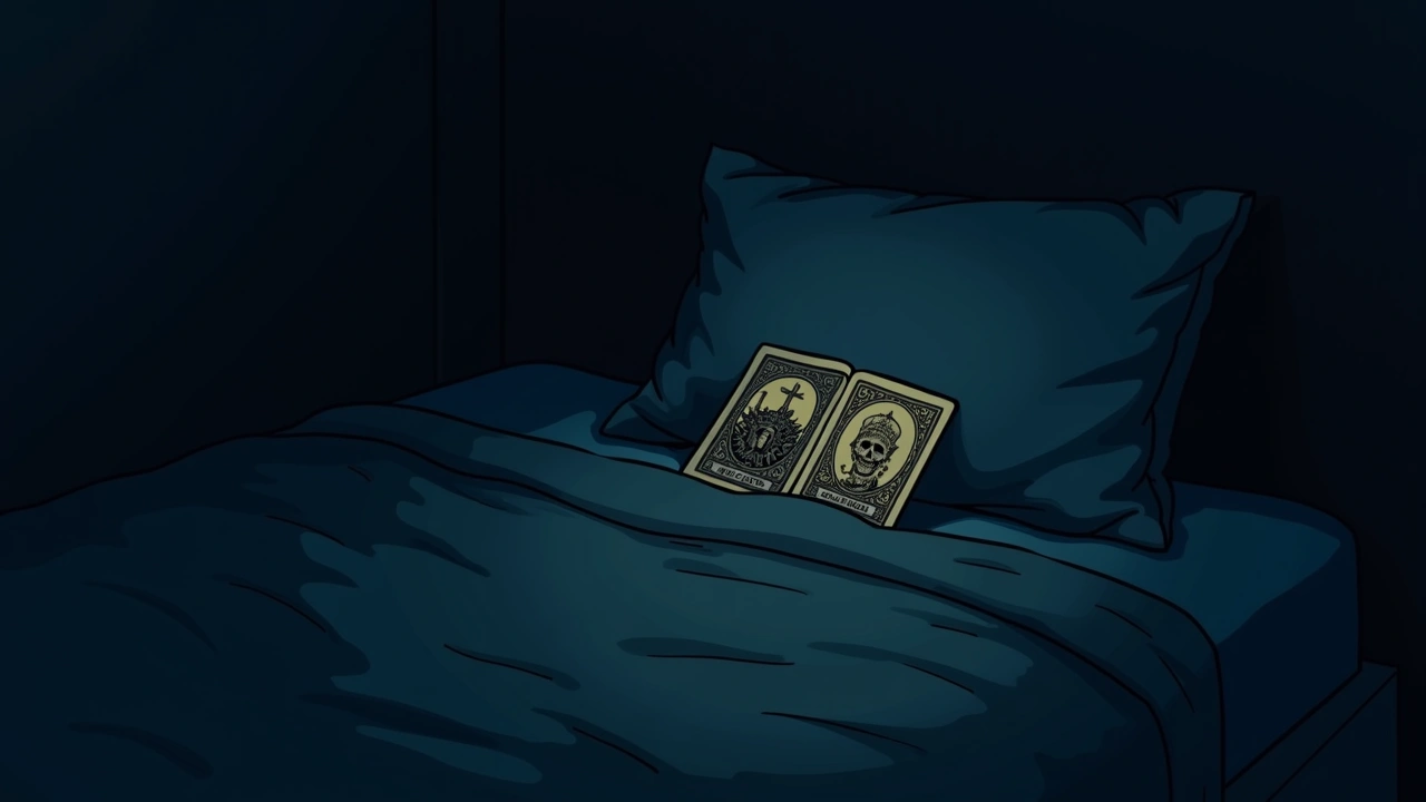 Illustration: a set of ornate old tarot cards tucked inside a pillowcase in a dim bedroom.