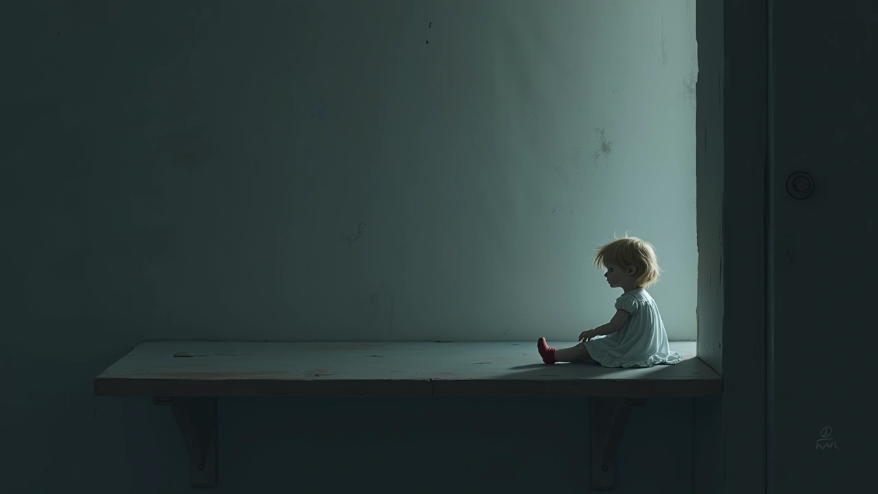 Illustration: an old porcelain doll sitting alone on a shelf in a dim room.