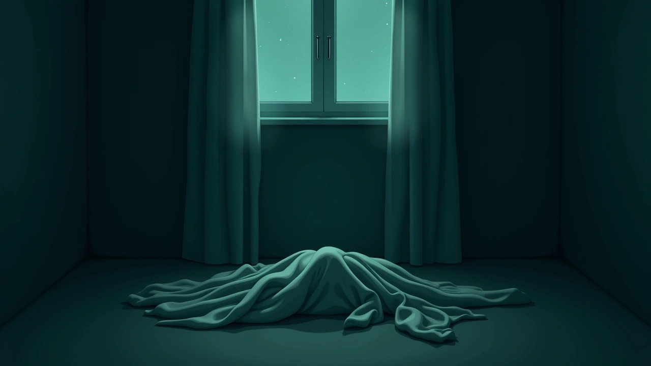 Illustration: a fallen curtain crumpled on a bedroom floor beneath a window.