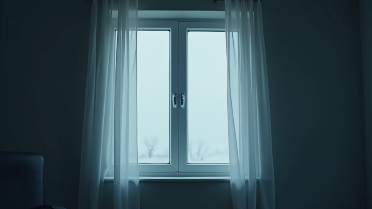 Illustration: a sheer white curtain hanging by a closed window in a still room.