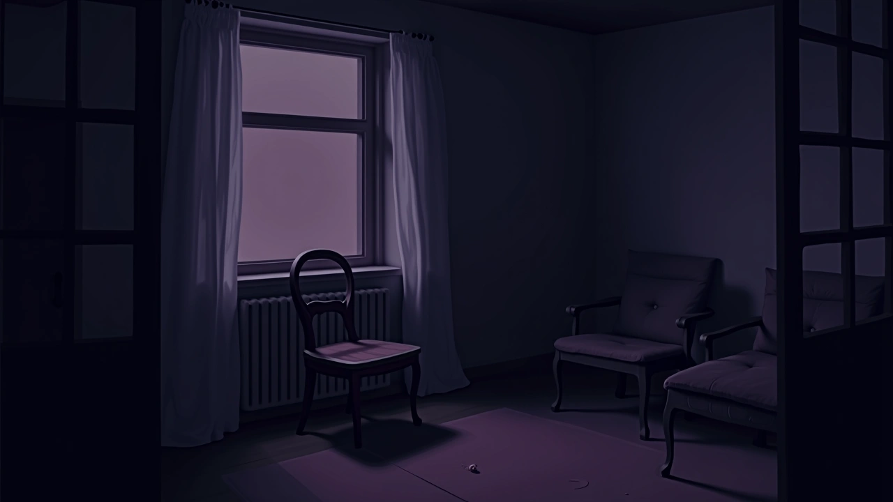 Illustration: a dim, quiet living room in an old house, an empty chair by the window.