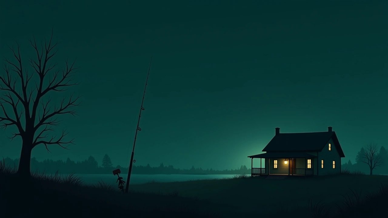 Illustration: an old farmhouse at dusk with a weathered fishing rod leaning against the porch.