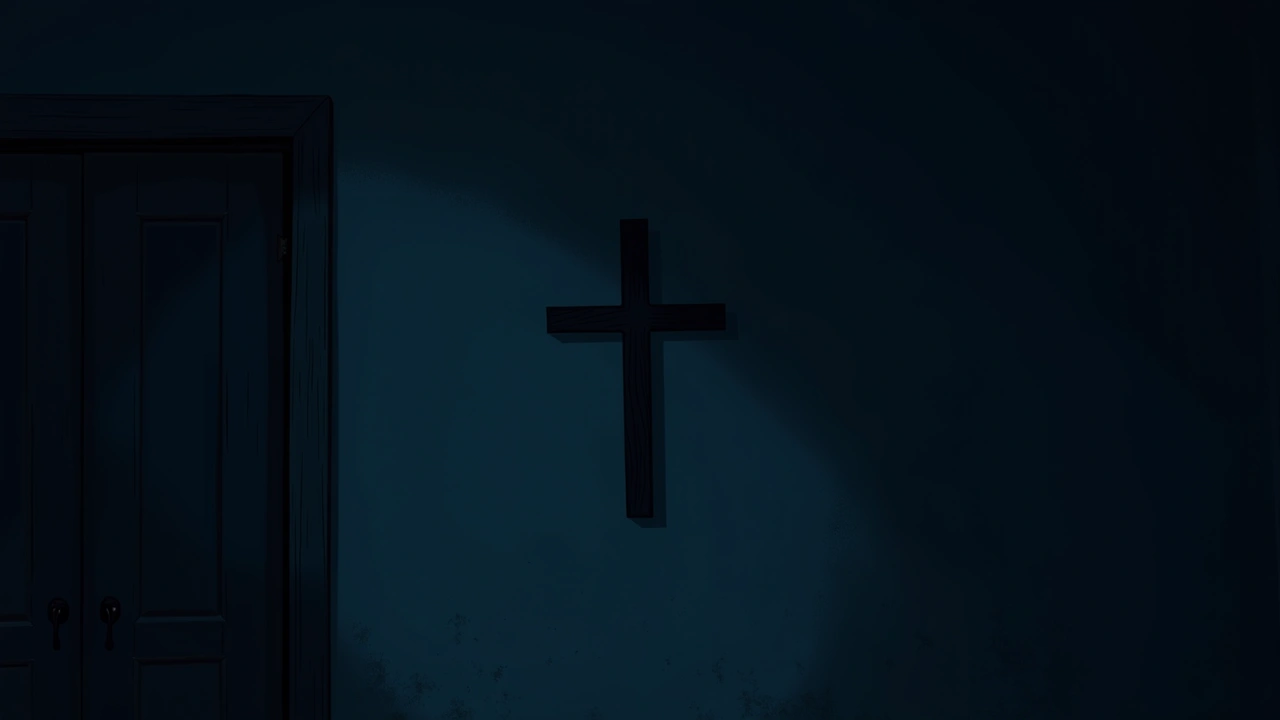 Illustration: a small wooden cross hanging on a bedroom wall in a dark, old house.